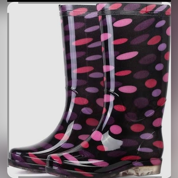Source Unknown Shoes - Fun Black Pink Purple Polka Dot High Gloss Waterproof Rain Boots - Size 40 (US 9